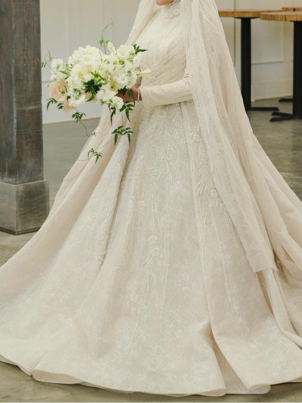 Elegant Ivory Long-Sleeve Beaded Wedding Dress with Turban and Veil